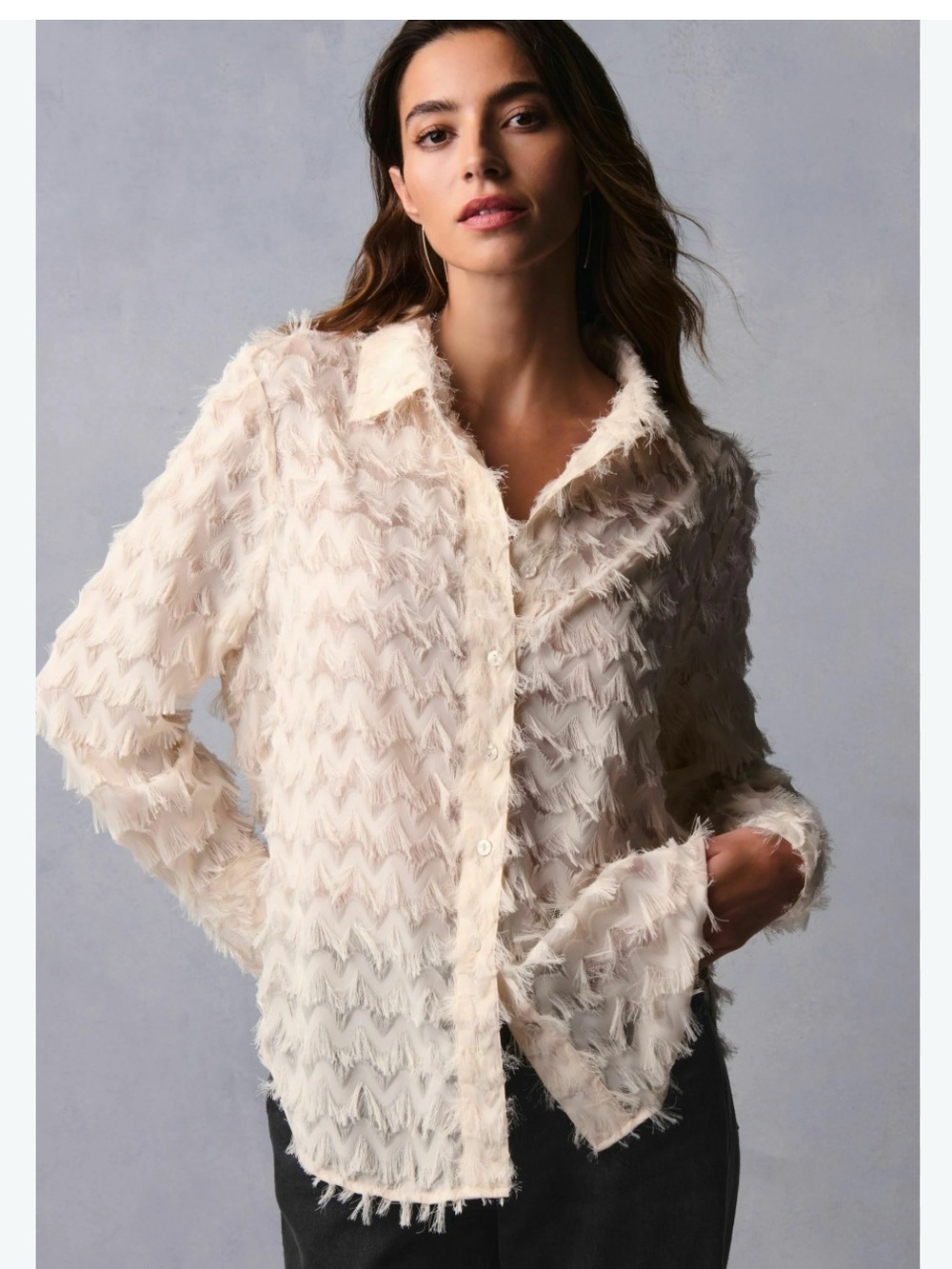 NWT Next Clothing UK Cream Textured Button-Down Blouse With Fringe Details
SZ 12